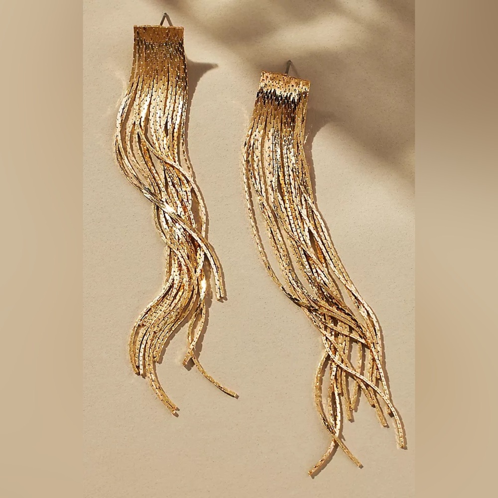 ANTHROPOLOGIE 5” Gold Fringe Drop Dangle Earrings